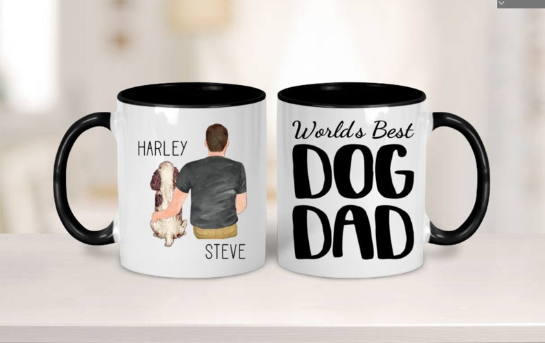 May include: White ceramic mug with a black rim and handle. One side features a cartoon illustration of a person holding a dog with the text "Harley" and "Steve". The other side features the text "World's Best Dog Dad".