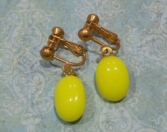 Bold Yellow Clip On Earrings, Dangle Clip Earring, Yellow ClipOn Drop Earrings, Fused Glass Jewelry - Vicky - 338 -4