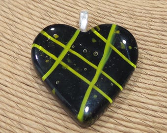 Black Heart Pendant, Yellow Stripes, Fused Glass Heart, Couples Jewelry - Hanky Panky - 3872 -4