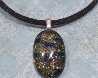 Small Plaid Dichroic Necklace, Brown Green Tan, Autumn, Fused Glass Necklace, Fast Shipping - Cassandra -20