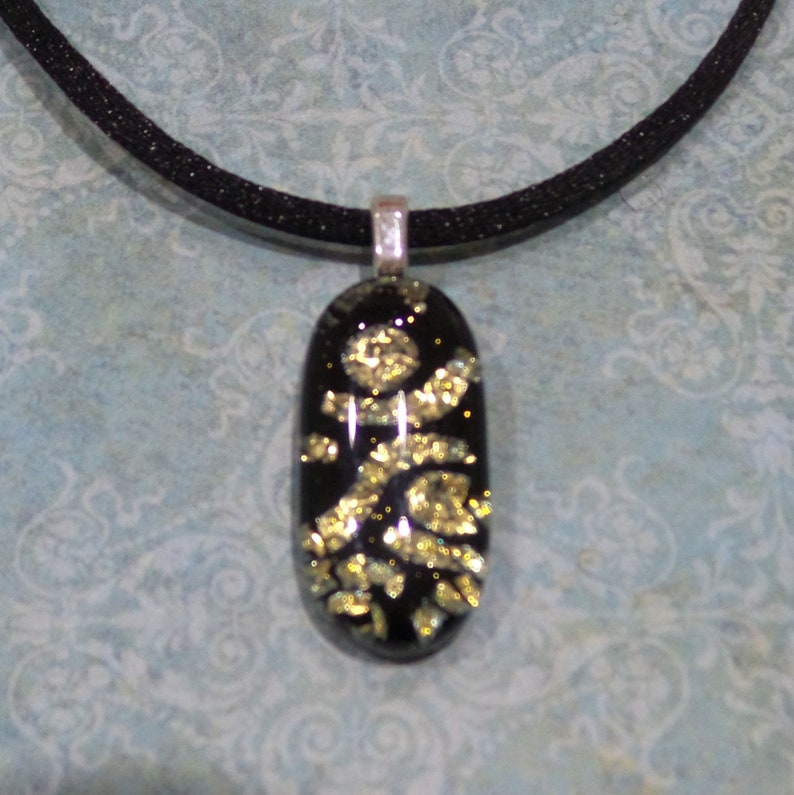 Small Dichroic Necklace, Yellow Gold and Black Pendant, Cord Included, Fused Glass Jewelry Goldi 5 image 1