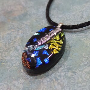 Dichroic Pendant, Oval Fused Glass Necklace, Royal Blue, Silver, Orange/Brown, Pink, Handmade Jewelry in Wisconsin Boss 9 image 5