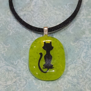 Black Cat Necklace, Lime Green Fused Glass Pendant, Neon, Black Cat Pendant, Pet Owner, Ready to Ship - Annika -7