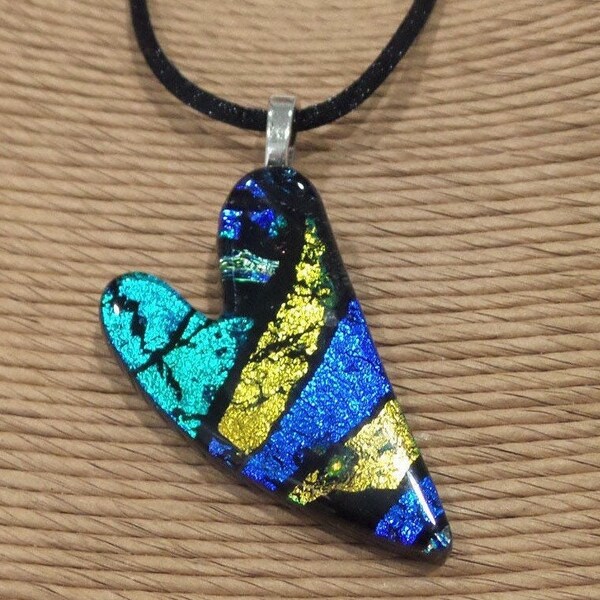 Heart Omega Slide, Fused Glass Pendant, Gold, Green, Blue and Black Heart Pendant, Fused Glass Jewelry, Sweetheart - Love Always- 4000-5