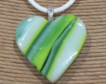 Green and White Heart Pendant, Striped, Fused Glass Jewelry, Valentine, Gift for Wife, Girlfriend, Ready to Ship - Pippa - 3891 -4