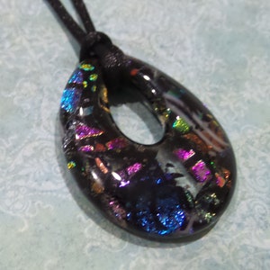 Large Teardrop Pendant, Dichroic Glass Necklace, Black, Pink, Purple, Blue, Green, Sparkly, Ready to Ship Yippee 20 image 3