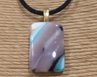 Purple Pendant, Striped Necklace, Fused Glass Jewelry, Purple White and Turquoise Blue Jewelry - Plumberry - 4117 -1