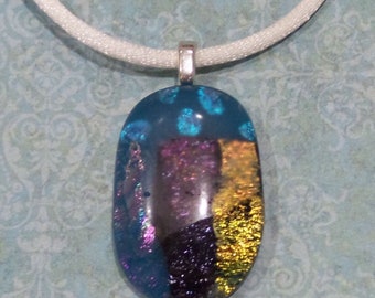 Uniue Dichroic Glass Necklace, Teal Blue, Burgundy, Orange, Polka Dot Dichroic, Fused Glass Pendant, Handmade Jewelry- Light of the Moon -20