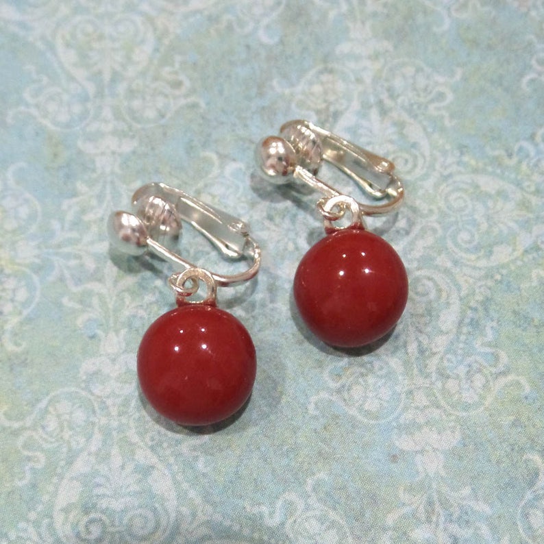 Red Clip on Earrings, Red Dangle Clip Earrings, Bold Red Fused Glass