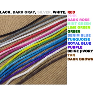 May include: A close-up of 16 different colors of cord, including black, dark gray, silver, white, red, pink, dark rose, mint green, lime green, green, denim blue, turquoise, royal blue, purple, beige, tan, and dark brown.