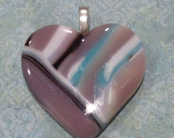 Purple Glass Heart Necklace, Purple, Blue, Black, and White Heart Pendant, Fused Glass Jewelry, Fast Shipping - Sweet Love - 4118 -1