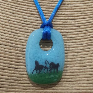 Horse Necklace, Sky Blue and Green Fused Glass Pendant, Pendant with Three Horses, Fused Glass Jewelry, Ready to Ship Equestrian 6 image 3