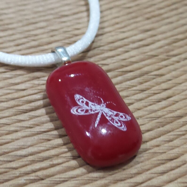 Dragonfly Necklace, Dark Red Pendant with White Dragonfly, Handcrafted, Fused Glass Jewelry, Ready to Ship Rubi 5 image 1