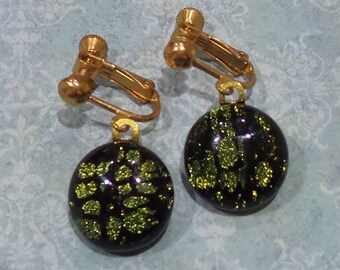 Olive Green Screw back Earrings, Dangle Clip Earring, Dichroic Green Clip On Earrings, Fused Glass Jewelry - Green Print - 6