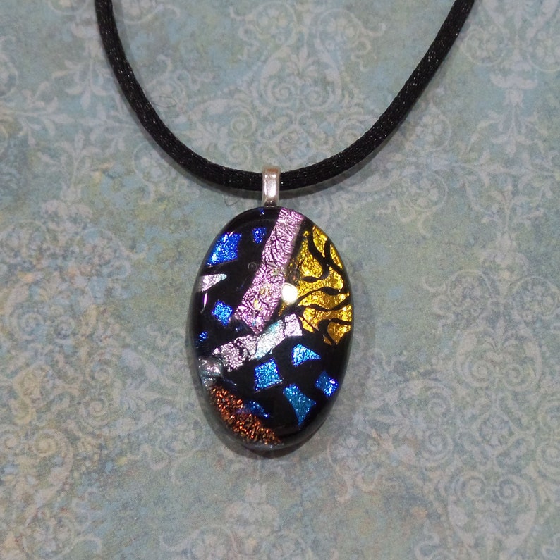 Dichroic Pendant, Oval Fused Glass Necklace, Royal Blue, Silver, Orange/Brown, Pink, Handmade Jewelry in Wisconsin Boss 9 image 2