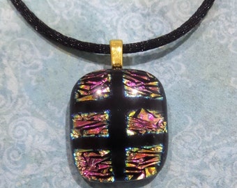 Small Pink Fused Glass Necklace, Black and Pink Dichroic, Fused Glass Jewelry, Ready to Ship - Adella --6