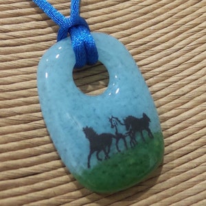 Horse Necklace, Sky Blue and Green Fused Glass Pendant, Pendant with Three Horses, Fused Glass Jewelry, Ready to Ship Equestrian 6 image 1