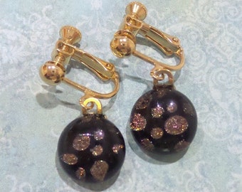 Brown Clip On Earrings, Polka Dot Dichroic, Dangle Clip Earrings, Brown and Black ClipOn Earrings, Fused Glass Jewelry - Egatha --5