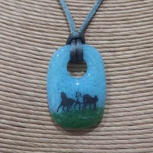 Horse Necklace, Sky Blue and Green Fused Glass Pendant, Pendant with Three Horses, Fused Glass Jewelry, Ready to Ship Equestrian 6 image 2