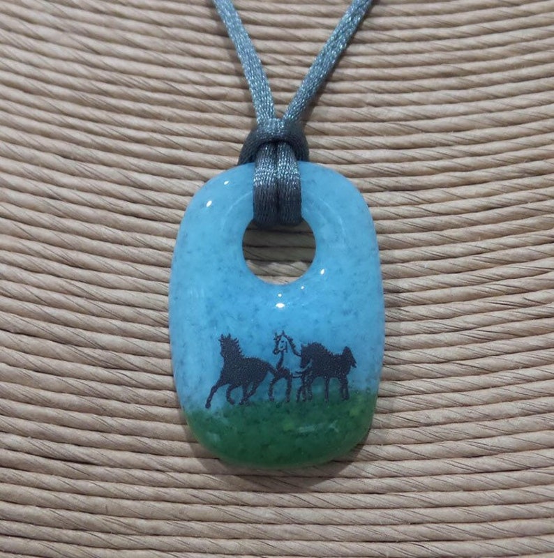 Horse Necklace, Sky Blue and Green Fused Glass Pendant, Pendant with Three Horses, Fused Glass Jewelry, Ready to Ship Equestrian 6 image 2