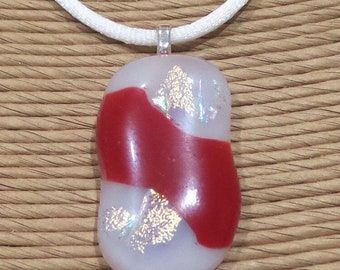 Red White Necklace, Handcrafted Fused Glass Jewelry, Abstract Christmas Jewelry, Ready to Ship - Peppermint Stick - 456 -1