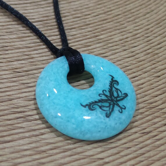 Butterfly Necklace, Aqua Blue Glass Pendant, Butterfly Donut