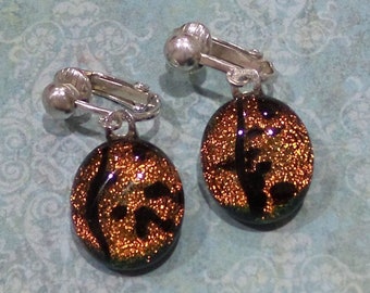 Dichroic Orange Clip On Earrings, Dangle Clip Earrings, Ear Clip Jewelry, Halloween, Ready to Ship - Harvest Moon - 1829 -1