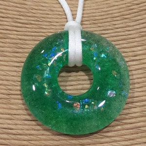 Green Necklace, Dark Green and Dichroic Pendant, Fused Glass Jewelry, Donut Pendant, Fused Glass Pendant, Ready to Ship - Meadow -8