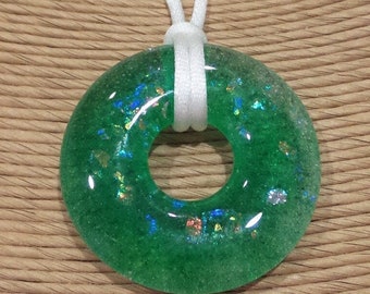Green Necklace, Dark Green and Dichroic Pendant, Fused Glass Jewelry, Donut Pendant, Fused Glass Pendant, Ready to Ship - Meadow -8