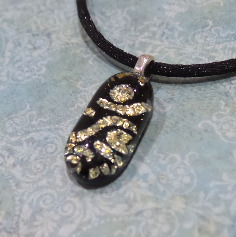 Small Dichroic Necklace, Yellow Gold and Black Pendant, Cord Included, Fused Glass Jewelry Goldi 5 image 3
