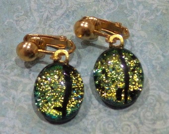 Dichroic Clip On Earrings, Dichroic shifts from Green to Gold, Dangle Earrings, Green Fused Glass Jewelry - Aiesha -8