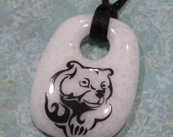 Grizzly Bear Necklace, Bear Mascot, Black and White Fused Glass Donut Pendant, Wildlife, Animal, Zoo, Ready to Ship Jewelry - Grizzly -8