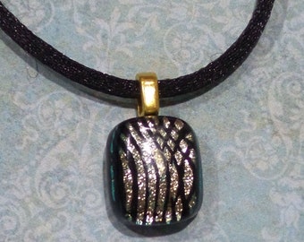 Tiny Dichroic Necklace, Black and Gold Dichroic Glass Pendant, Fused Glass Jewelry, Small Pendant, Handmade - Squirt -20