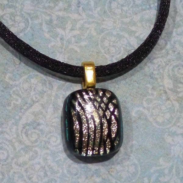 Tiny Dichroic Necklace, Black and Gold Dichroic Glass Pendant, Fused Glass Jewelry, Small Pendant, Handmade - Squirt -20