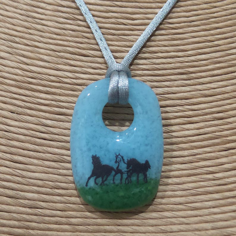 Horse Necklace, Sky Blue and Green Fused Glass Pendant, Pendant with Three Horses, Fused Glass Jewelry, Ready to Ship Equestrian 6 image 4