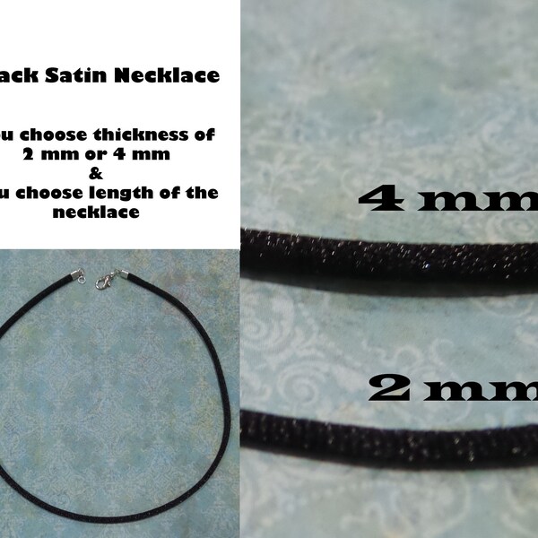 Black Satin Necklace Cord with Silver Plated Lobster Clasp, Ready to Ship, 2 mm or 4 mm - Choose Length 14 inch to 40 inch