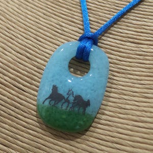 Horse Necklace, Sky Blue and Green Fused Glass Pendant, Pendant with Three Horses, Fused Glass Jewelry, Ready to Ship Equestrian 6 image 5