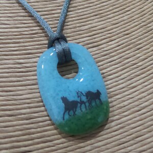 Horse Necklace, Sky Blue and Green Fused Glass Pendant, Pendant with Three Horses, Fused Glass Jewelry, Ready to Ship Equestrian 6 image 6