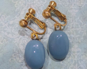 Dusty Blue Clip On Earrings, Screw Back, Dangle Clip Earrings, Blue ClipOn Earrings, Fused Glass Jewelry - Lake Blue- -5