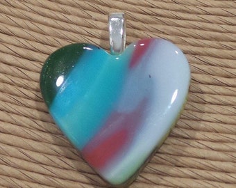 Glass Heart Pendant, Blue Pink White Green Heart, Fused Glass Jewelry, Gift for Girlfriend, Ready to Ship - Lovely - 4477 -1