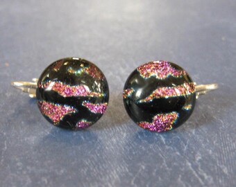 Pink Clip On Earrings, Pink and Black Clip-on Jewelry, For Non Pierced Ears, Fused Glass Earrings - Thelma- 314 -2