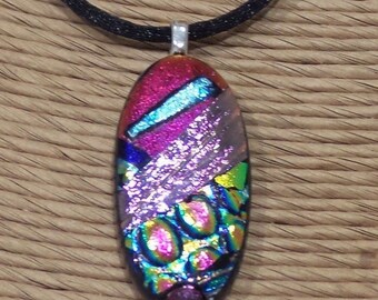 Colorful Dichroic Pendant, Pink, Dark Red/Pink, Blue, One of a Kind Oval Necklace, Fused Glass Jewelry - Rochelle  -8