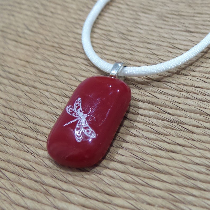 Dragonfly Necklace, Dark Red Pendant with White Dragonfly, Handcrafted, Fused Glass Jewelry, Ready to Ship Rubi 5 image 4