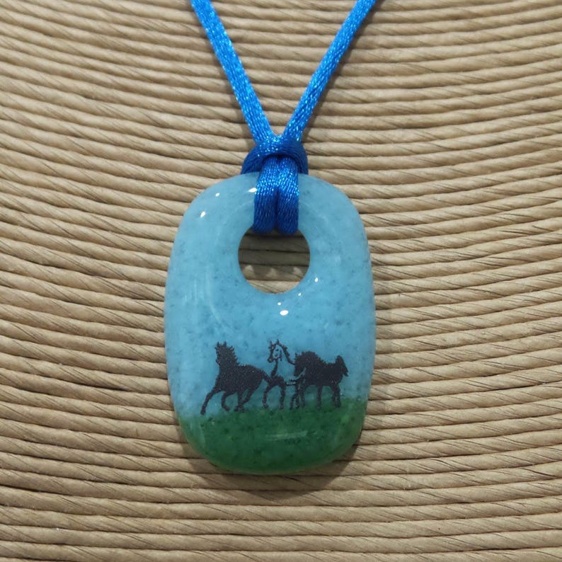 Horse Necklace, Sky Blue and Green Fused Glass Pendant, Pendant with Three Horses, Fused Glass Jewelry, Ready to Ship Equestrian 6 image 7