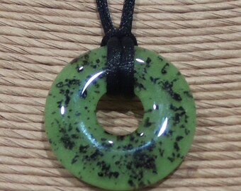 Olive Green Necklace with Black Spots, Fused Glass Jewelry, Simple Circle Jewelry - Saffi - 4724 - 4