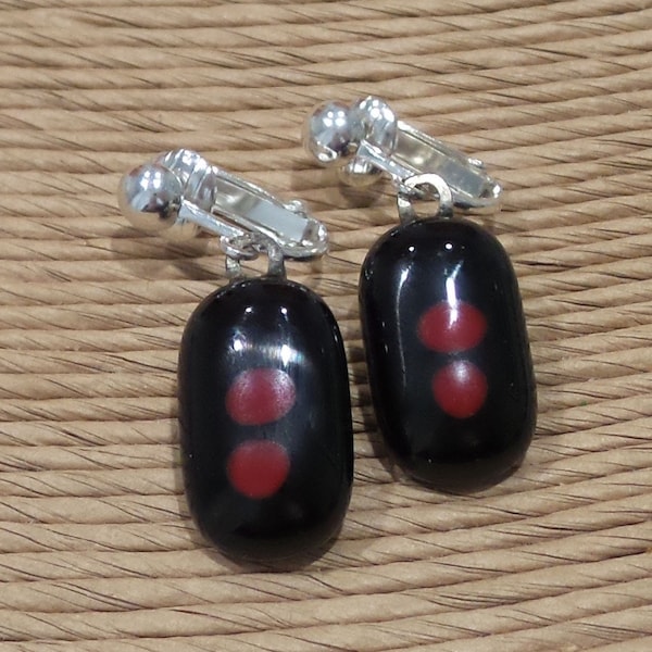 Black and Red Dangle Clip Earrings, Black with Red Polka Dots, Clip On Earrings, Fused Glass Jewelry, Non Pierced Ears - Harriette -8