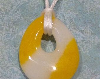 Bright Yellow Fused Glass Pendant, Yellow Striped Teardrop Pendant, Yellow and White, Fused Glass Jewelry - Sabastian - -5