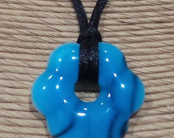 Blue Flower Necklace, Blue Donut Pendant, One of a Kind Pendant, Ready to Ship, Fused Glass Jewelry, Circle - Sally --5