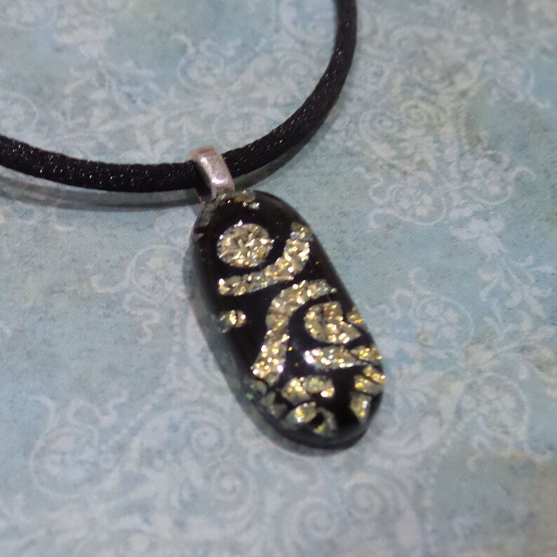 Small Dichroic Necklace, Yellow Gold and Black Pendant, Cord Included, Fused Glass Jewelry Goldi 5 image 2