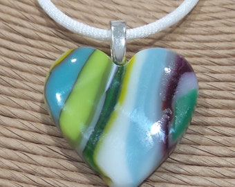 Colorful Heart Pendant, Fused Glass Necklace, Valentines Day Heart, Striped Jewelry - Faitful Love - 4553 -2